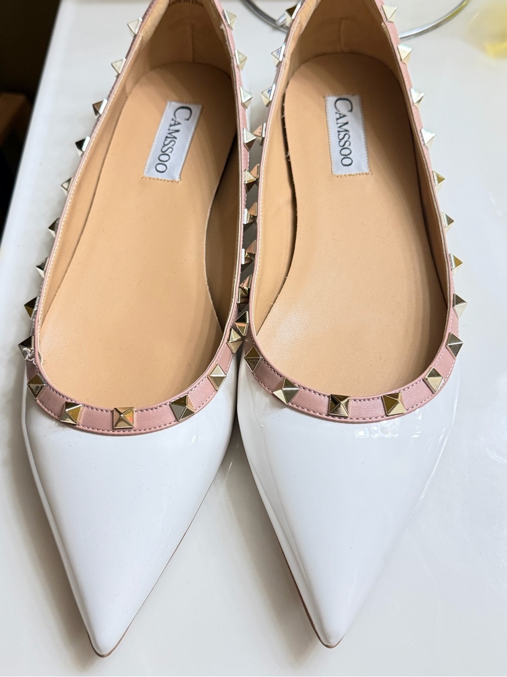 Authentic camssoo White Pointed Toe Flats with Pink Studded Trim